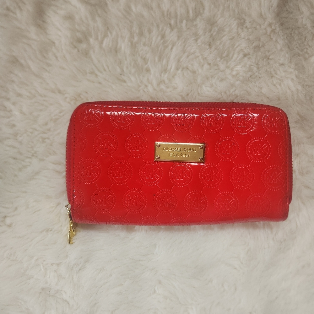 Michael Kors Red Jet Set Patent Leather Zip Around Wallet MK Monogram